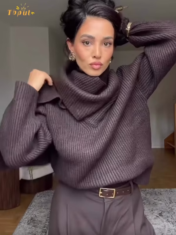 S7fe2ec686ead4994a8e3d552e61b2cc6f.png_960x960.png_ Brown Turtleneck Knitted Pullover Women Solid Casual Scarf Collar Full Sleeve Loose Warm Sweater 2025 Commute Office Knitwear