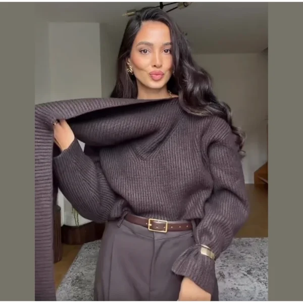 S9ff2e2bab0ed427aa6fd0816d8bc8c7dj Brown Turtleneck Knitted Pullover Women Solid Casual Scarf Collar Full Sleeve Loose Warm Sweater 2025 Commute Office Knitwear