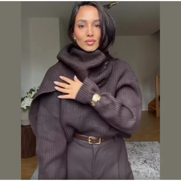 Sf8c5979ea9b64ede96b8531fde3f0a42J Brown Turtleneck Knitted Pullover Women Solid Casual Scarf Collar Full Sleeve Loose Warm Sweater 2025 Commute Office Knitwear